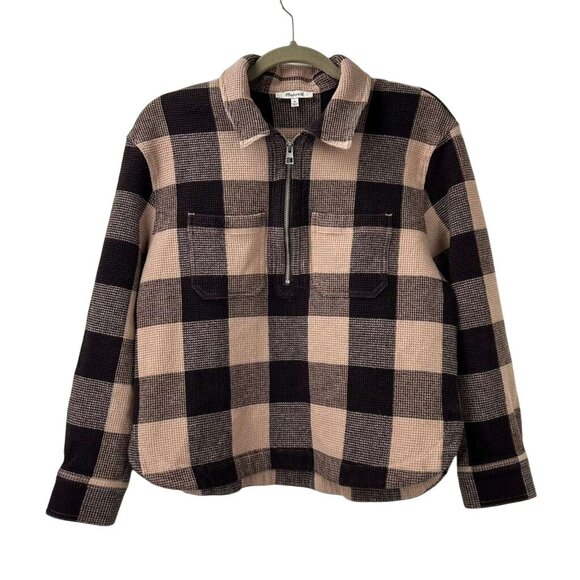 Madewell Women's Medium Waffle Half-Zip Popover Pink Plaid Long Sleeve Shirt - Picture 12 of 16